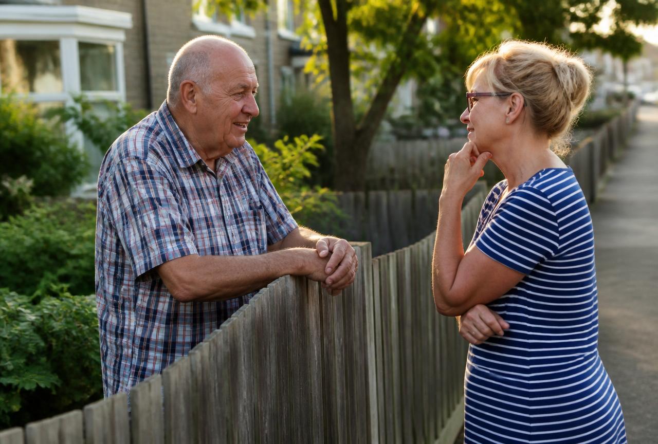 Two neighbours chatting over a garden fence on a residential street