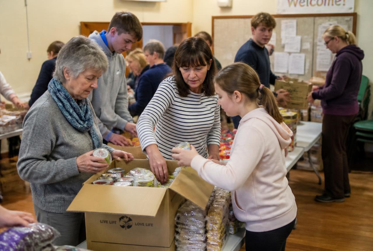 Volunteers of different ages packing food parcels together in a community hall