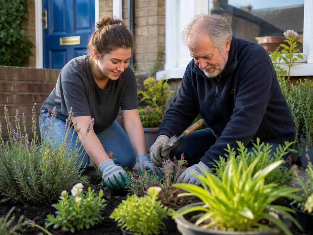 Community volunteer coordinating a group working in a shared garden