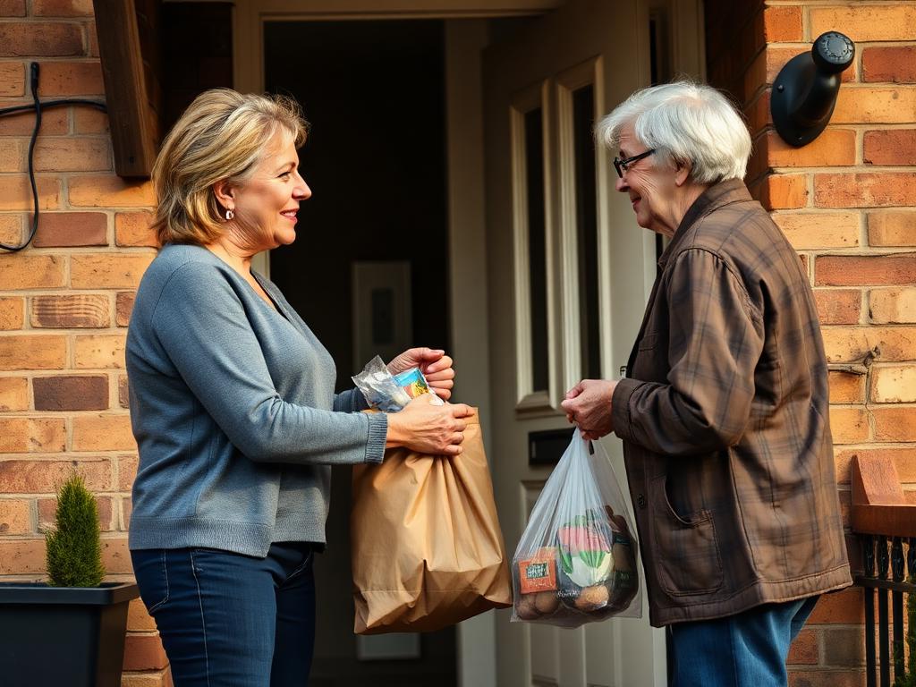 Neighbours passing shopping bags at a front door