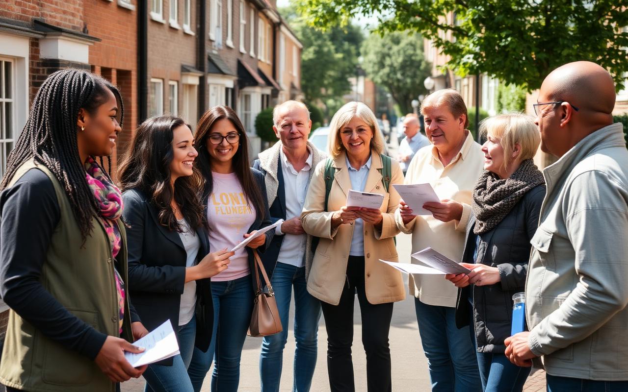 Neighbourhood volunteers handing out leaflets on a sunny street