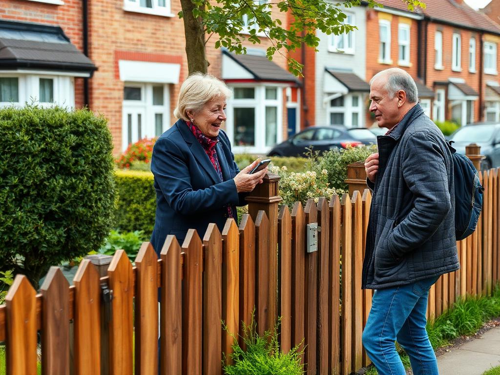 Two neighbours chatting over a garden fence