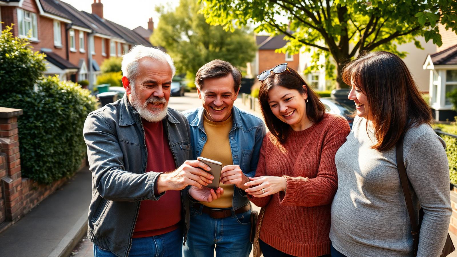 Friends and neighbours talking together outside their homes