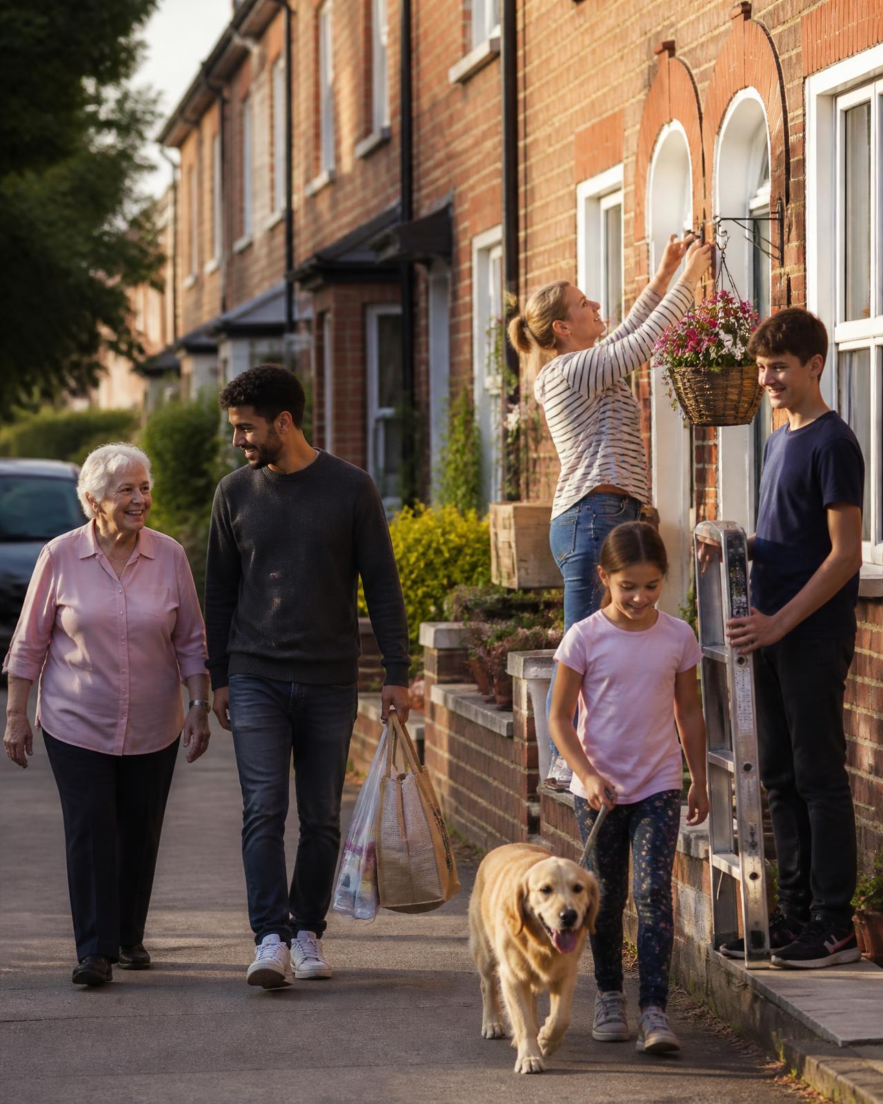 Neighbours of all ages helping each other on a residential street — carrying shopping, gardening and walking a dog